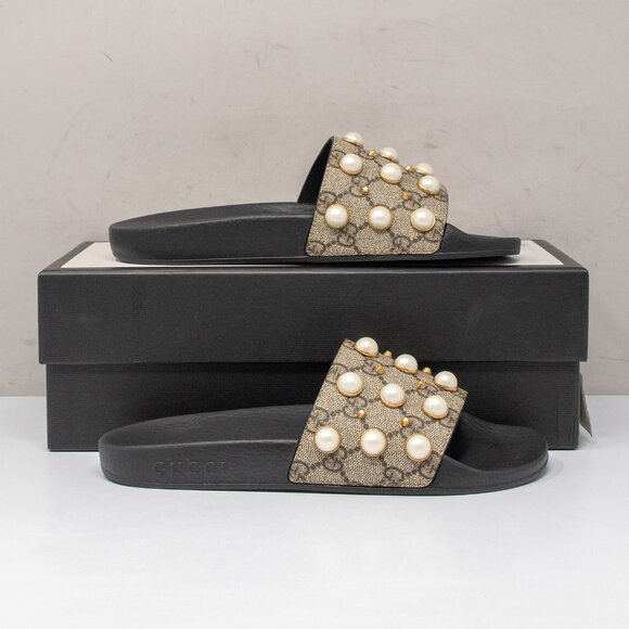 Gucci Pursuit Pearl Stud Pool Slide Sandals, Size 37 - Picture 2 of 7